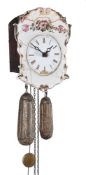 A German Black Forest small weight-driven porcelain-fronted wall clock