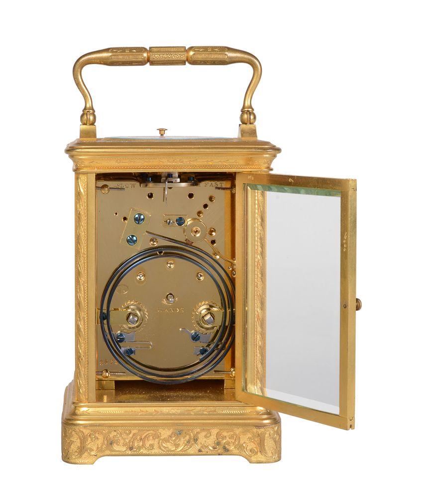 A fine French painted porcelain panel inset engraved gilt brass carriage clock with push-button repe - Image 5 of 5