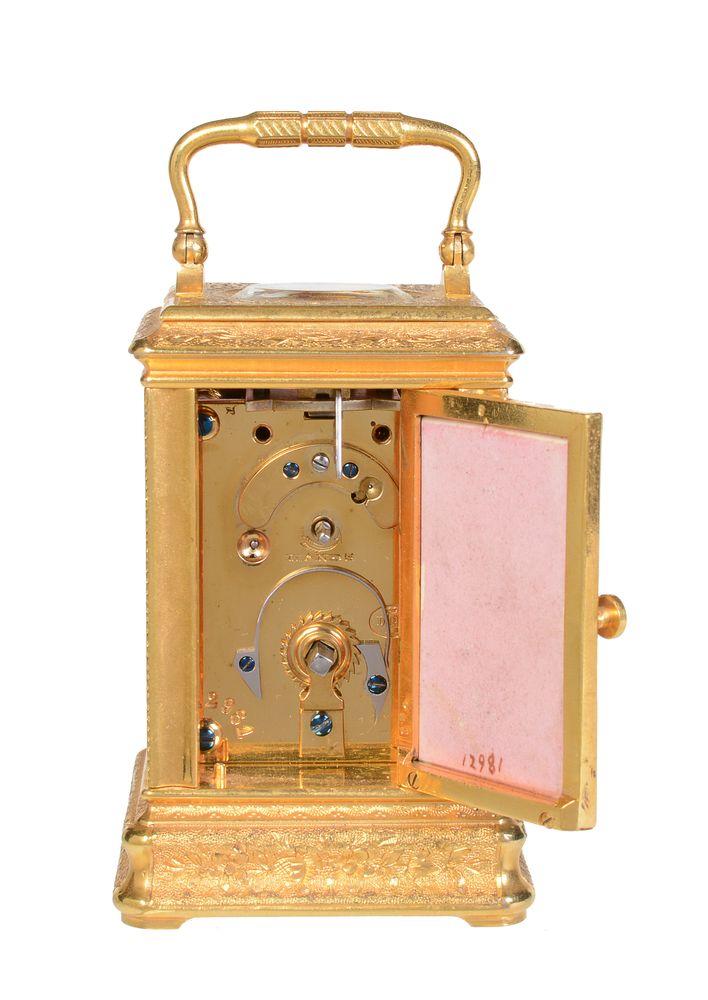 A fine French painted porcelain panel inset engraved gilt brass miniature carriage timepiece - Image 5 of 6