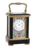 ϒ An unusual French cloisonné panel inset brass and ebony miniature carriage timepiece