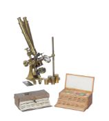 A Victorian lacquered brass binocular microscope