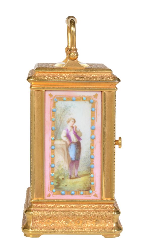 A fine French painted porcelain panel inset engraved gilt brass miniature carriage timepiece - Image 4 of 6