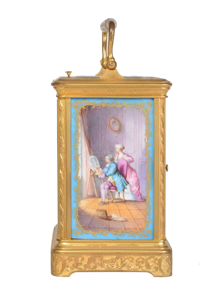 A fine French painted porcelain panel inset engraved gilt brass carriage clock with push-button repe - Image 3 of 5