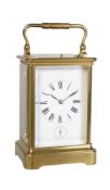A rare French lacquered brass giant carriage clock with push-button repeat and alarm
