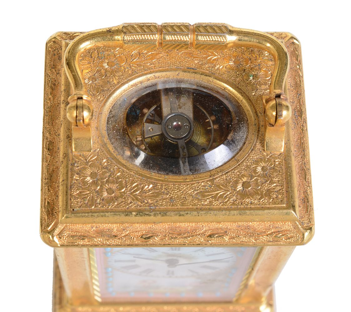 A fine French painted porcelain panel inset engraved gilt brass miniature carriage timepiece - Image 6 of 6