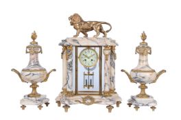 A French gilt brass and marble four-glass mantel clock garniture