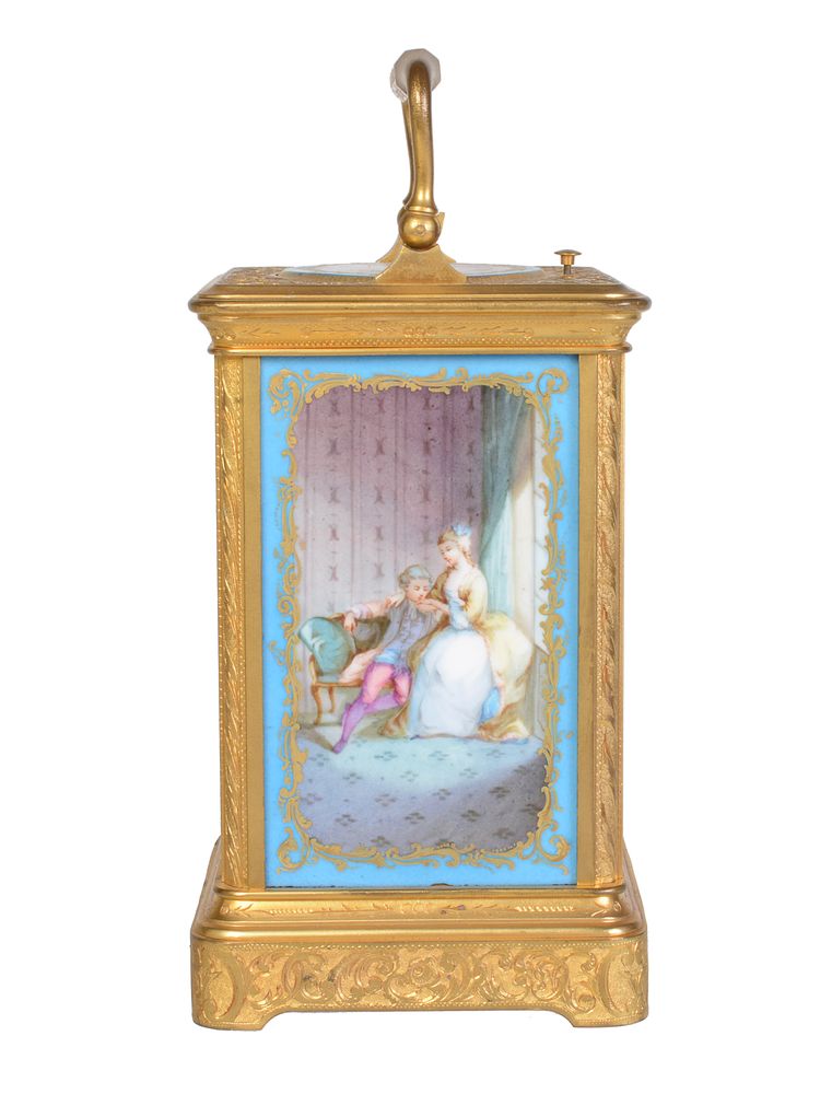 A fine French painted porcelain panel inset engraved gilt brass carriage clock with push-button repe - Image 2 of 5
