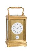 A fine French engraved gilt brass and porcelain panel inset carriage clock with Le-Roy and Fils pate