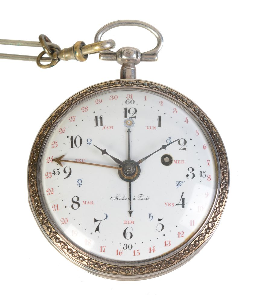 A fine French Louis XVI silver cased concentric calendar pocket watch with Sully’s escapement