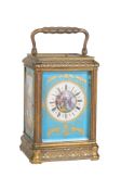 A fine French engraved gilt brass and painted porcelain panel inset carriage clock with push-button