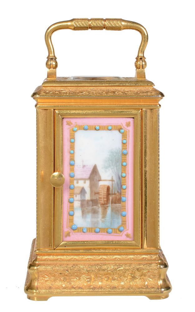 A fine French painted porcelain panel inset engraved gilt brass miniature carriage timepiece - Image 3 of 6