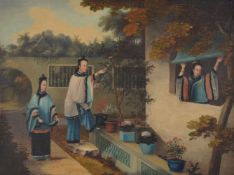 A Chinese Export oil painting, 19th Century, depicting a walled garden scene with three ladies,