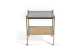 A gilt metal, painted wood, and glazed two tier occasional table, last quarter 20th century, the