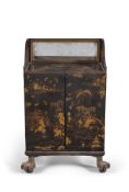 A Regency black lacquered, parcel gilt and Jappaned side cabinet, circa 1820, with mirrored