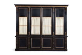 A black painted and parcel gilt library bookcase in Regency style, 20th century, with glazed doors