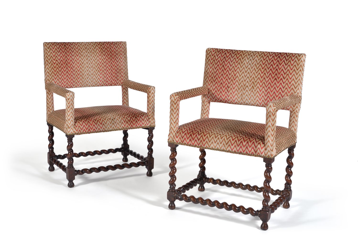 A harlequin set of eight walnut dining chairs, circa 1665, to include two armchairs, each with - Image 2 of 2