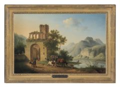 Pierre-Joseph Petit (French 1768-1825) Italianate river landscape with peasants and animals Oil on