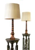 A pair of Blue John columnar table lamps, 19th century and later, the sectional tapering shafts with