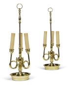 A pair of brass three branch table lamps, modern, the electrical fitments on scrolled arms above