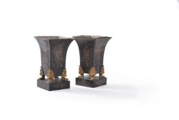 A pair of black japanned and painted tole jardinieres, first half 19th century, of square section,