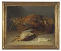 Attributed to George Stevens (British fl. 1860-65) Dead woodcock with a wicker basket on a ledge Oil