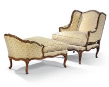 A Louis XV beechwood duchesse brisée, with eared arched padded back, and a shaped end section, the