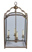 A metal and glazed square section hall lantern, late 20th century, the domed frame with four
