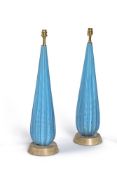 A pair of Italian, probably Murano, blue and gold glass table lamps, second half 20th century, of