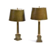 A pair of gilt metal and green stained vellum covered columnar table lamps, modern, the tapered