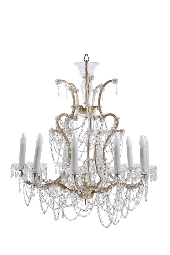 A pair of Continental gilt metal and moulded glass ten light chandeliers, 20th century, the