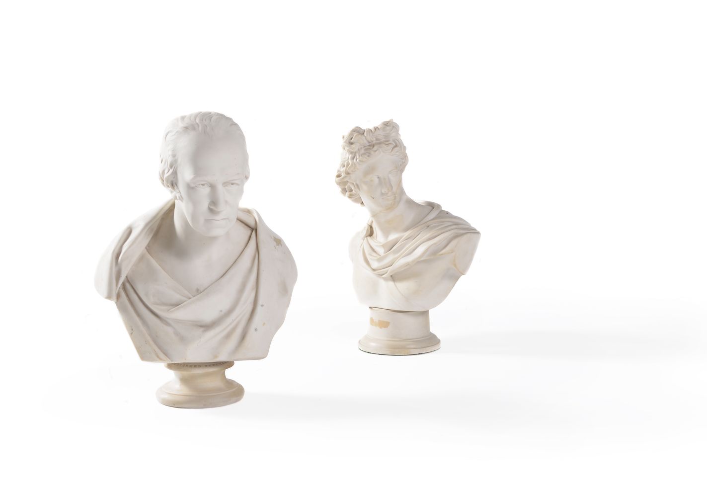 A Wedgwood parian bust of James Watt FRS (1736-1819), circa 1860, after E.W. Wyon, on socle base and