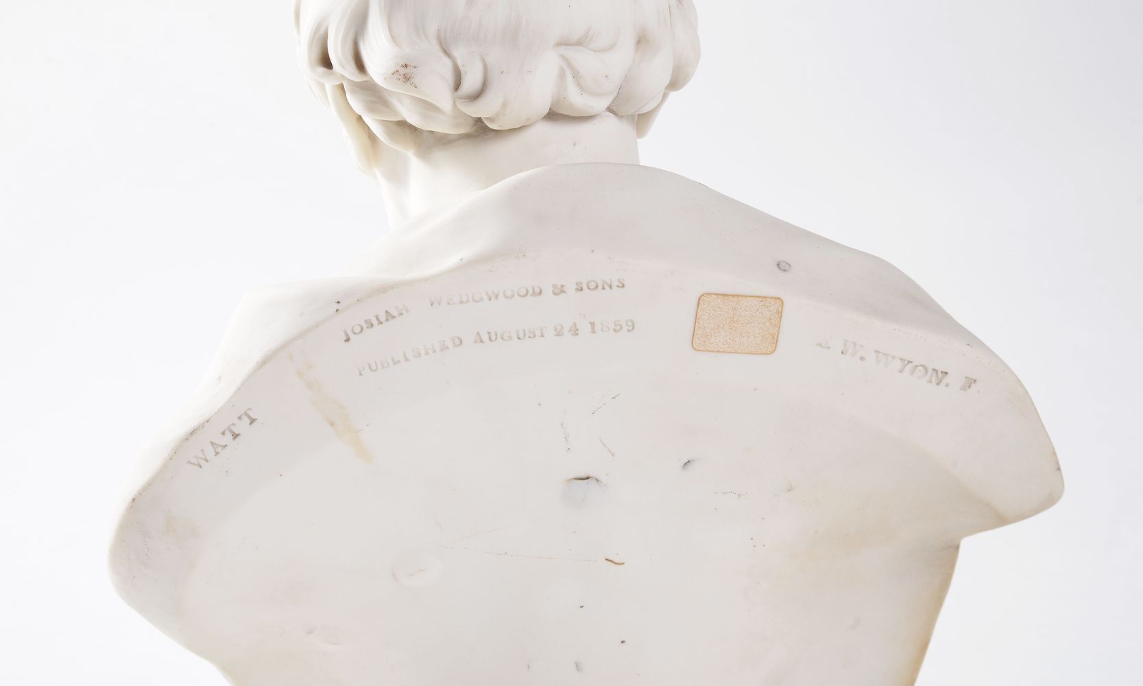 A Wedgwood parian bust of James Watt FRS (1736-1819), circa 1860, after E.W. Wyon, on socle base and - Image 2 of 3