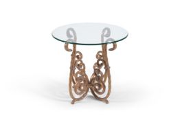 A French gilt wrought iron centre table, second half 20th century, the circular plate glass top on