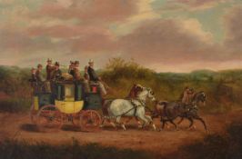 Follower of Alfred De Praedes Stagecoach marked Ewell & Ashtead Oil on canvas 30.3 x 46cm (11¾ x