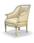 A Louis XVI Grey-Painted Bergere, 18th century, with arched moulded frame, carved top rail and