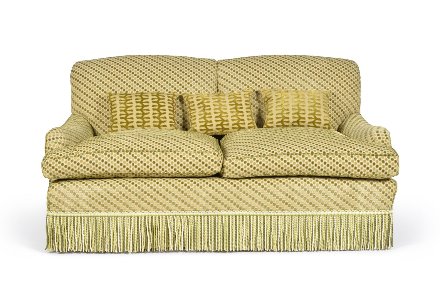 A green tufted velvet type upholstered two seat sofa, of recent manufacture, possibly by Kingcome