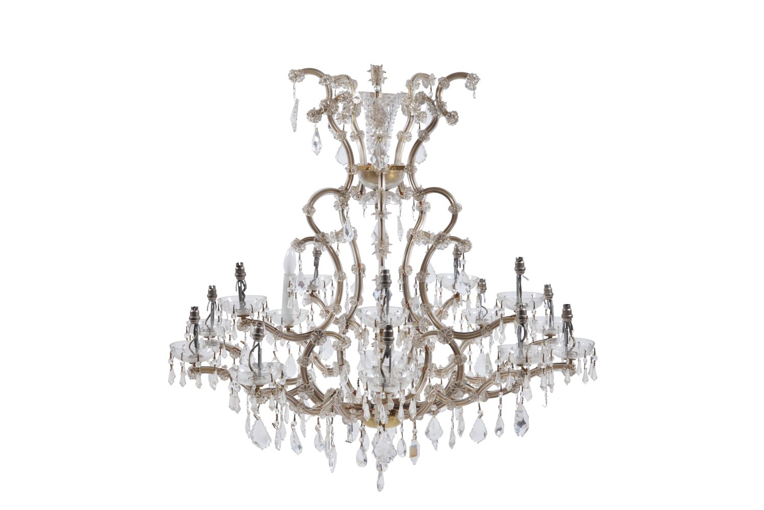 A Continental gilt metal and moulded and cut glass mounted sixteen light chandelier, 20th century,