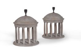 A pair of turned and painted wood architectural table lamps in Neoclassical taste