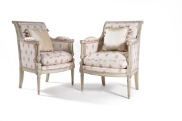 A pair of grey-painted bergeres, late 19th century and recently upholstered, 89cm high, 63cm wide,