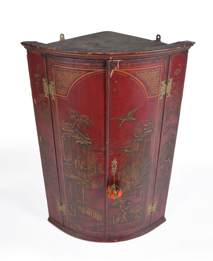 A red and gilt japanned bow-fronted hanging corner cabinet, 18th century, with later decoration, the - Image 2 of 3