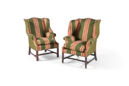 A George III mahogany armchair, circa 1800, with recent green and stripped upholstery, with