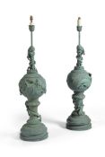 A large pair of metal Japanese lamps, late 20th century, modelled with writhing dragons and