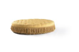A yellow watered silk button upholstered oval centre footstool, of recent manufacture, in the