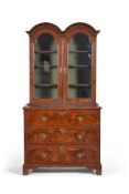 A walnut and burr walnut secretaire cabinet, 18th century, the associated upper section with a
