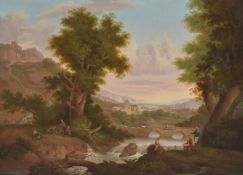 Attributed to John Crawford Brown (Scottish 1805-1867) An extensive wooded river landscape with a