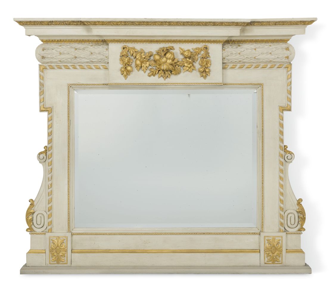 A George II style white painted and parcel-gilt overmantel, 20th century, the breakfront rectangular