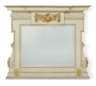 A George II style white painted and parcel-gilt overmantel, 20th century, the breakfront rectangular