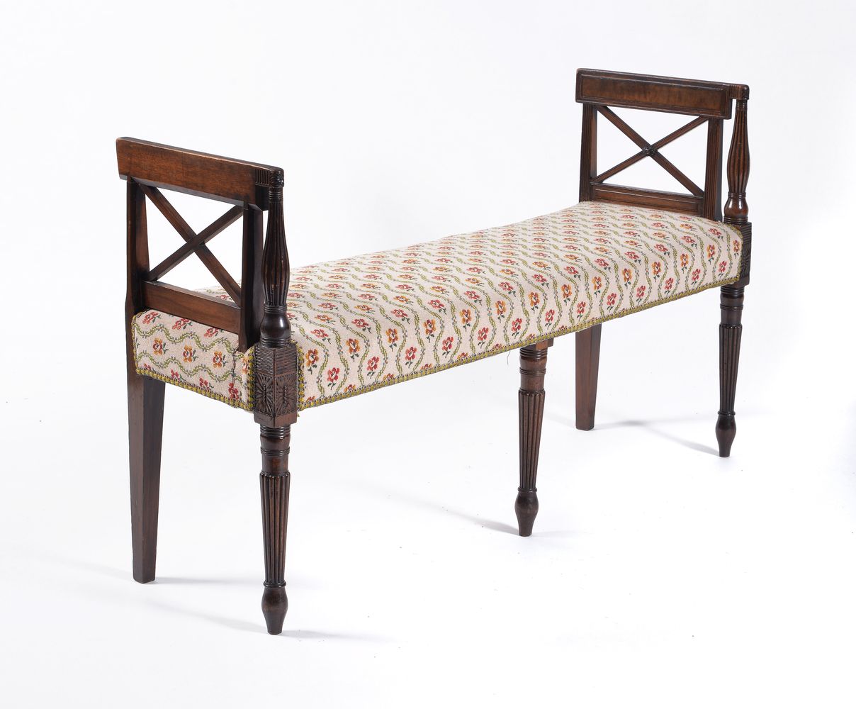 An unusual Regency mahogany window seat, circa 1815, the angled rectangular sides with x-shaped - Image 2 of 2