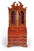 A red japanned bureau bookcase in the 18th century European style, second half 20th century, the