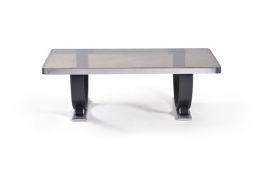 A French chrome and glass coffee table, mid 20th century, 43cm high, 67cm, wide, 131cm long